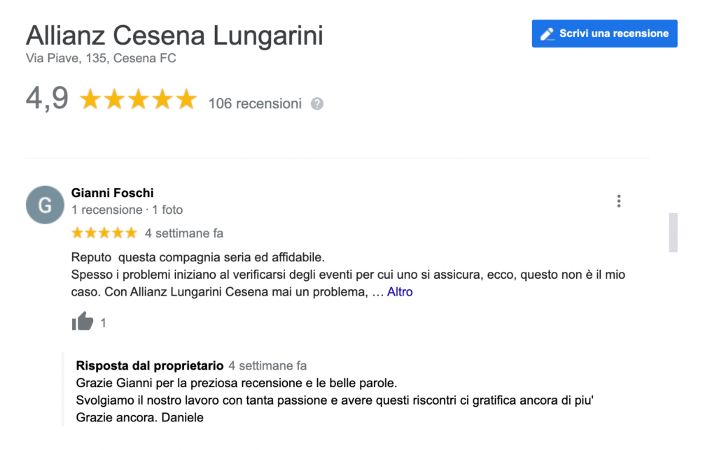 Lungarini assicurazioni Cesena - gestione recensioni su google