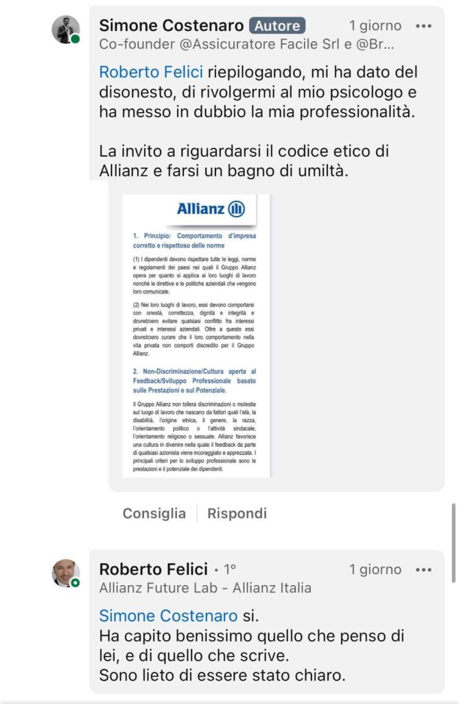 Simone Costenaro - post LinkedIn scontro con Roberto Felici marketing Allianz