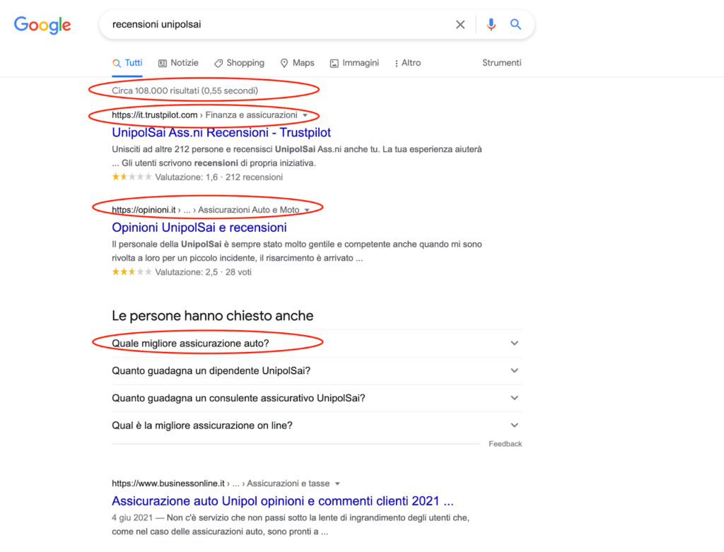 ricerca google su recensioni online UnipolSai