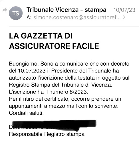La Gazzetta di Assicuratore Facile - Autorizzazione del Tribunale di Vicenza